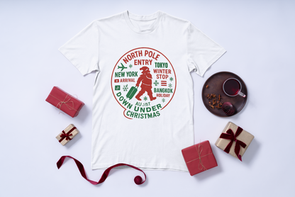 Christmas Travel Graphic T-Shirt — 'North Pole Down Under' Vintage Santa Design