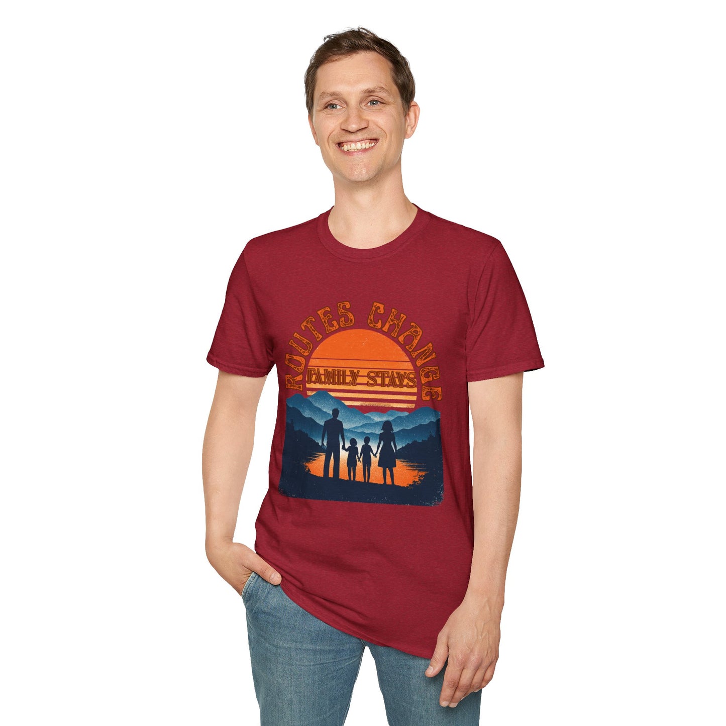 Family Sunset Camping T-Shirt – "Routes Change, Family Stays" Outdoor Adventure Tee
