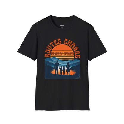 Family Sunset Camping T-Shirt – "Routes Change, Family Stays" Outdoor Adventure Tee