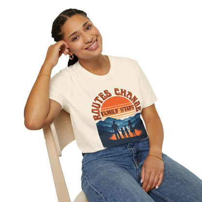 Family Sunset Camping T-Shirt – "Routes Change, Family Stays" Outdoor Adventure Tee