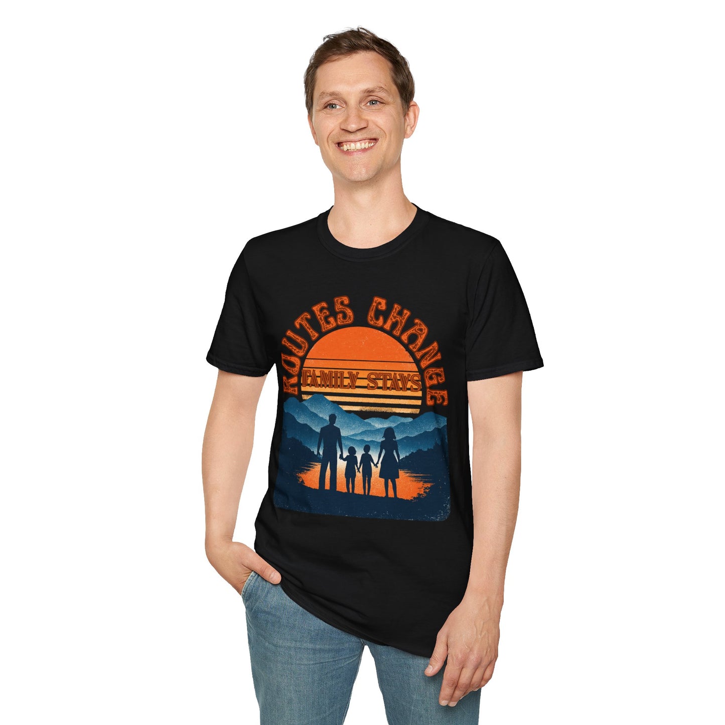 Family Sunset Camping T-Shirt – "Routes Change, Family Stays" Outdoor Adventure Tee