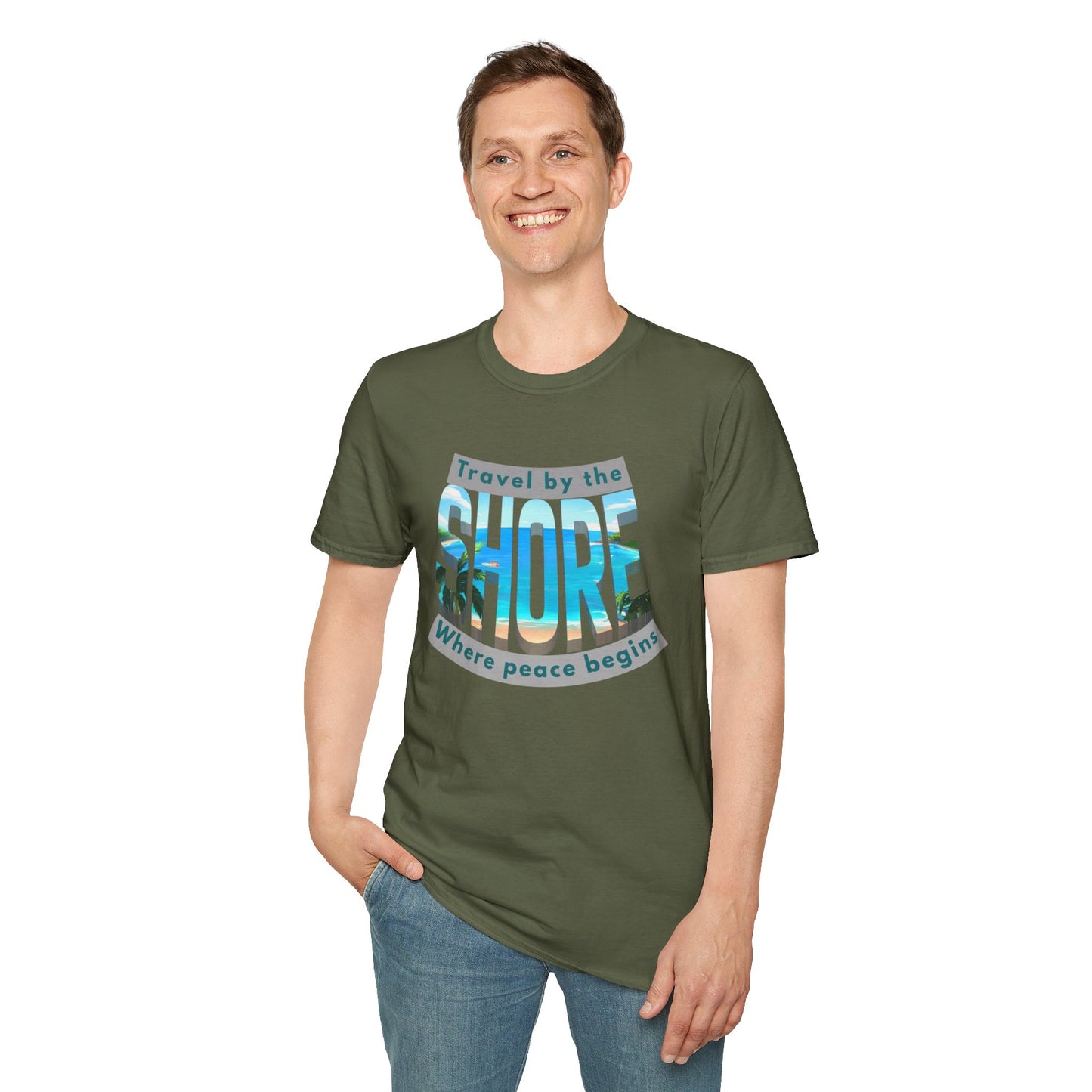 Beach Vibes Unisex Softstyle T-Shirt – “Travel by the Shore” Design