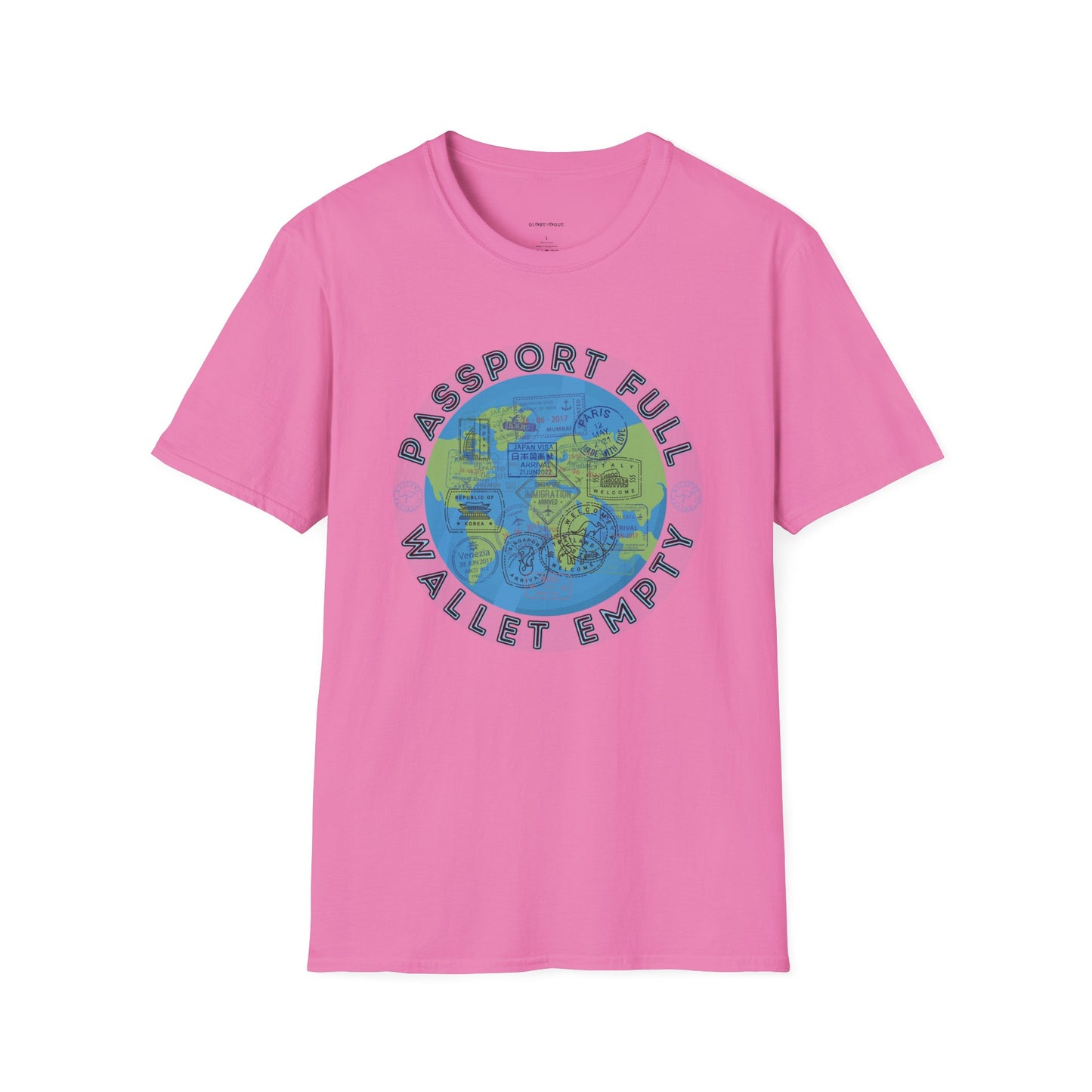 Travel Unisex T-Shirt — “Passport Full, Wallet Empty” with globe graphic, funny travel shirt.