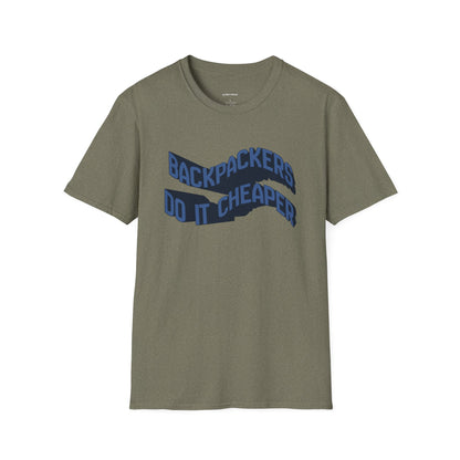 Wavy “Backpackers Do It Cheaper” Unisex Graphic T-Shirt — Adventure Travel Quote Tee.