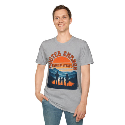 Family Sunset Camping T-Shirt – "Routes Change, Family Stays" Outdoor Adventure Tee