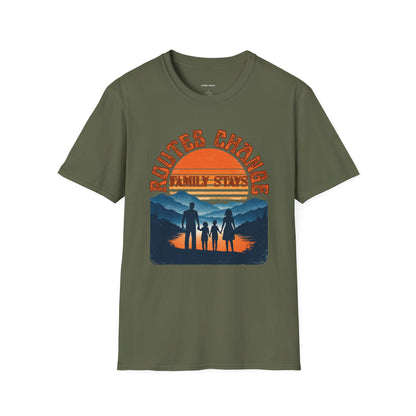 Family Sunset Camping T-Shirt – "Routes Change, Family Stays" Outdoor Adventure Tee