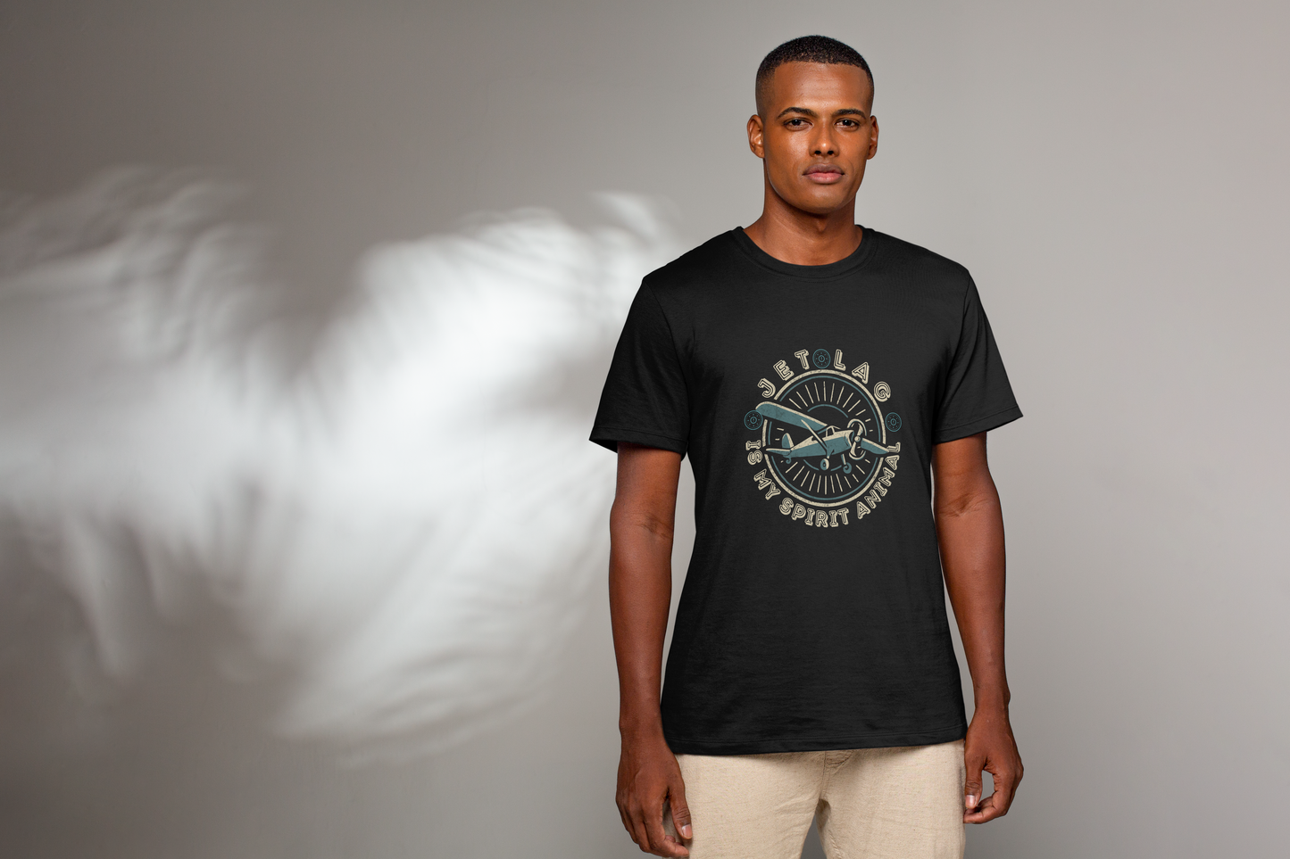 Vintage style unisex T-shirt about jet lag, featuring the phrase “Jet Lag is My Spirit Animal.”