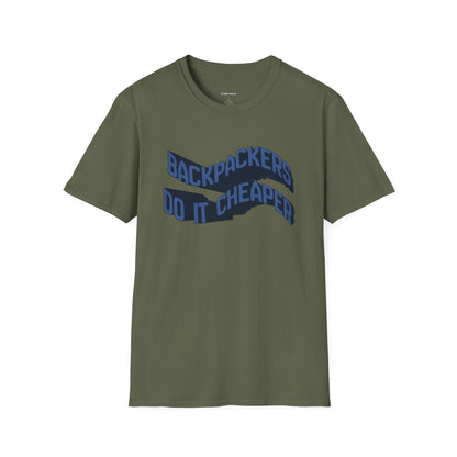 Wavy “Backpackers Do It Cheaper” Unisex Graphic T-Shirt — Adventure Travel Quote Tee.