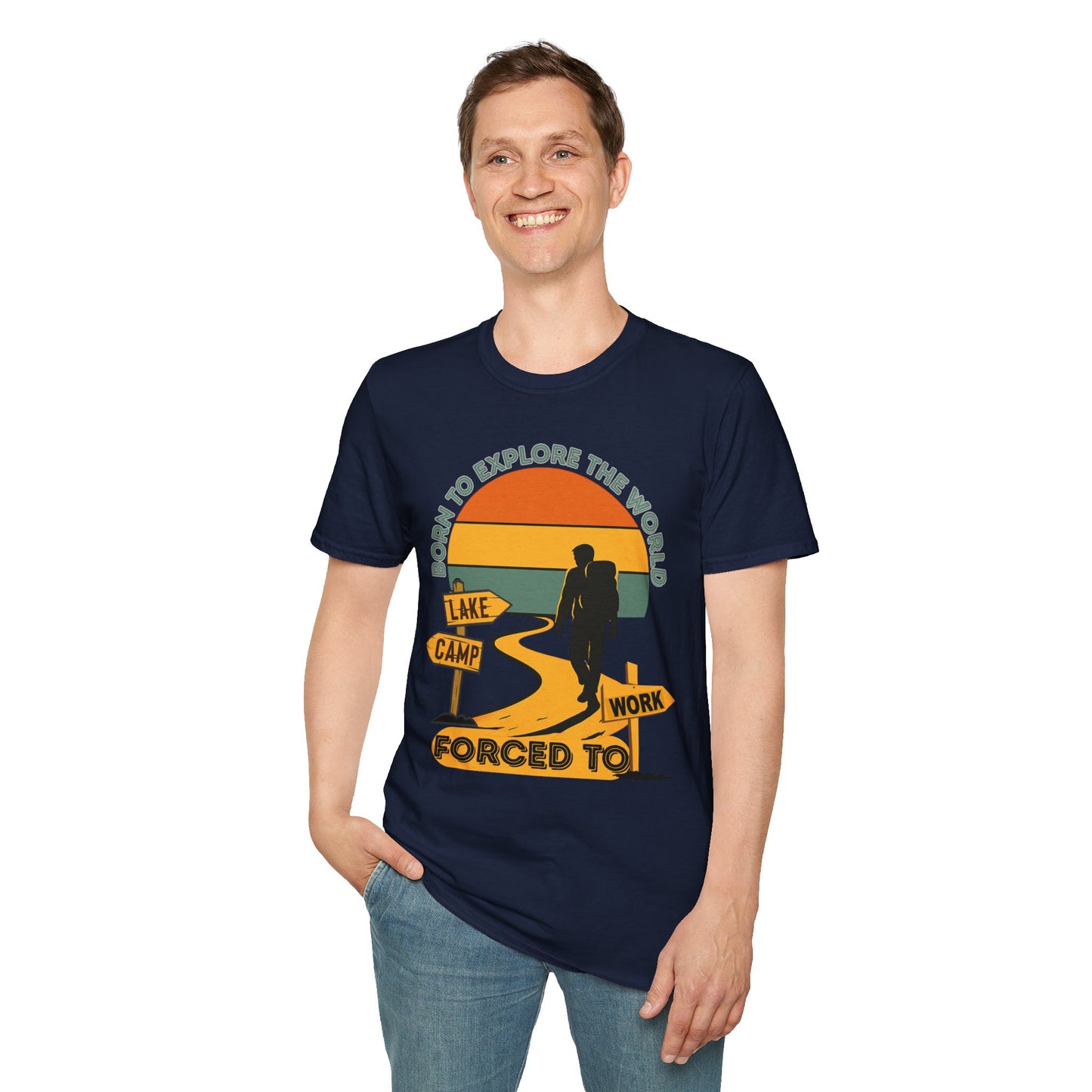 Adventure Hiker T-Shirt — "Born to Explore the World, Forced to Work" Retro Camping Tee