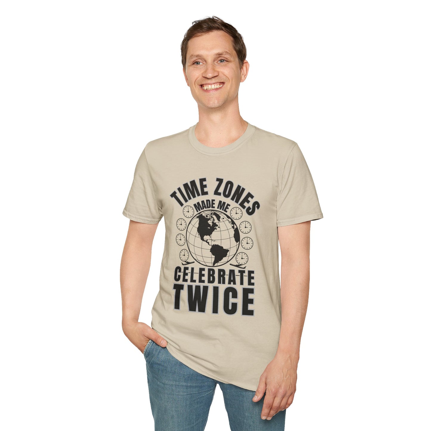 Globe Graphic Tee: “Time Zones Made Me Celebrate Twice”