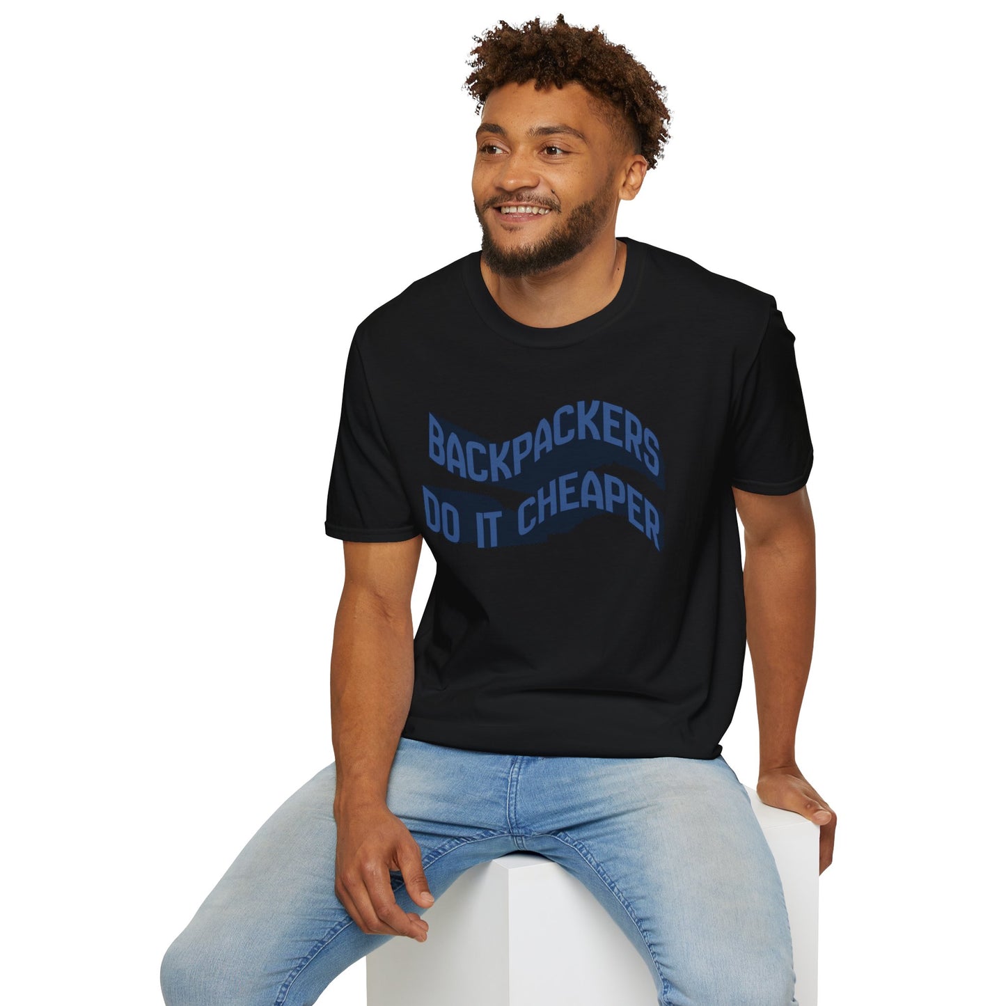 Wavy "Backpackers Do It Cheaper" Graphic T‑Shirt — Budget Travel Quote Tee