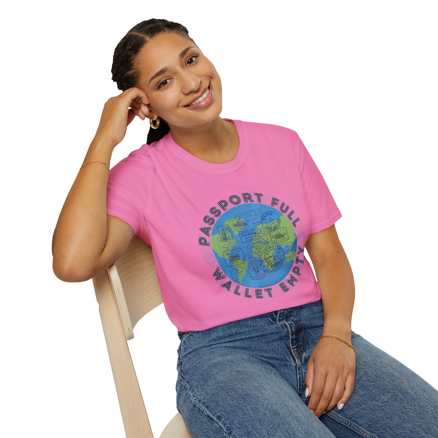Travel Unisex T-Shirt — “Passport Full, Wallet Empty” with globe graphic, funny travel shirt.