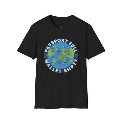 Travel Unisex T-Shirt — “Passport Full, Wallet Empty” with globe graphic, funny travel shirt.