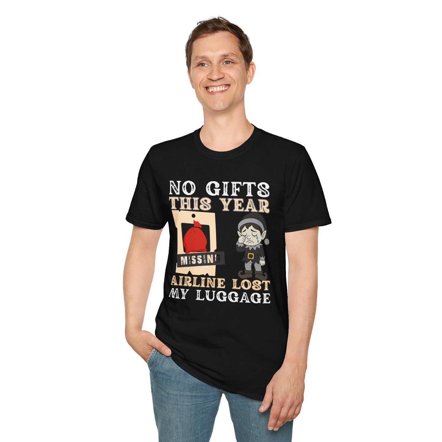 T-Shirt — "No Gifts This Year, Airline Lost My Luggage" Funny Holiday Travel Tee