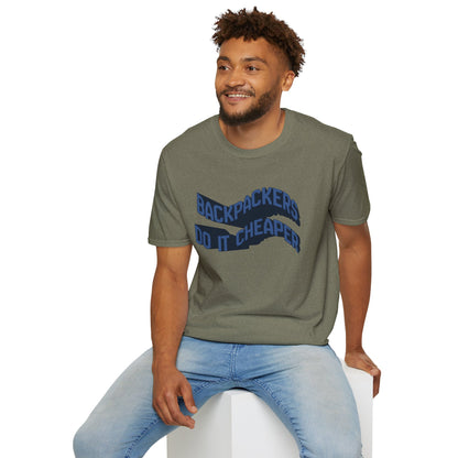 Wavy “Backpackers Do It Cheaper” Unisex Graphic T-Shirt — Adventure Travel Quote Tee.