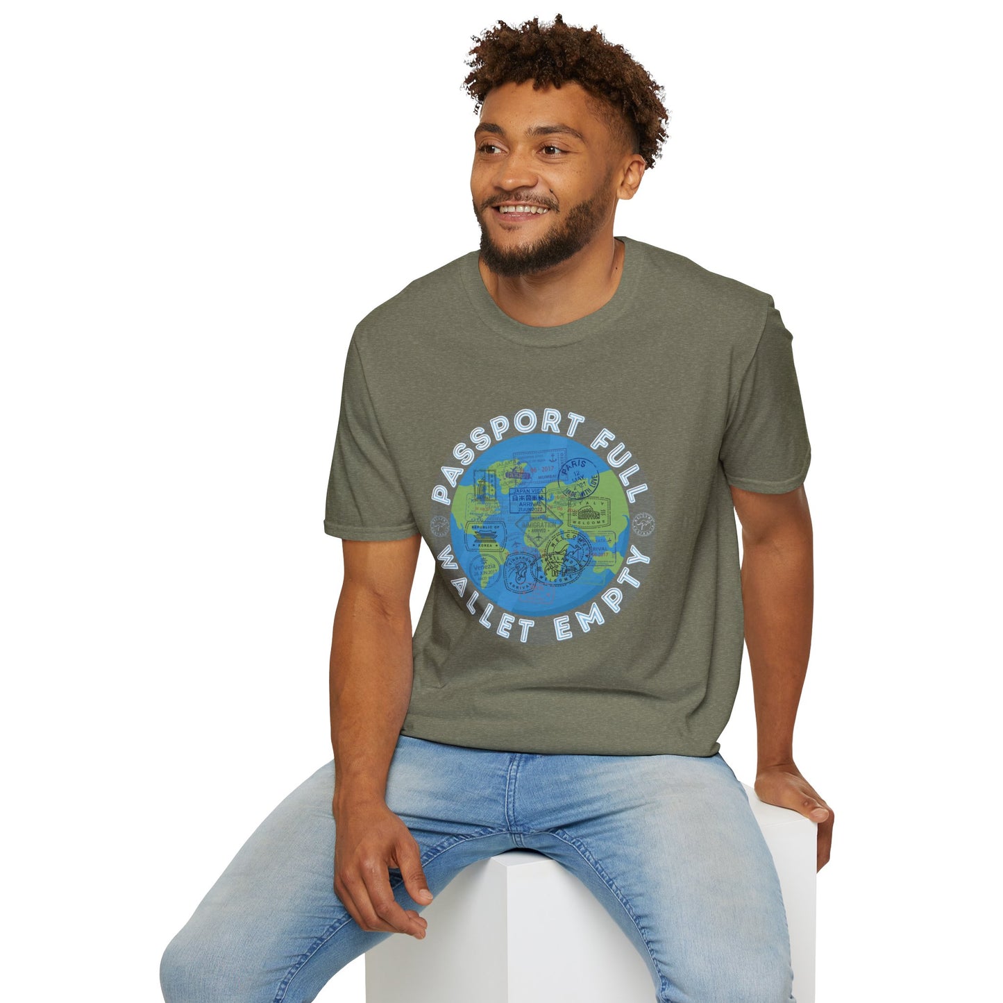 Travel Unisex T-Shirt — “Passport Full, Wallet Empty” with globe graphic, funny travel shirt.
