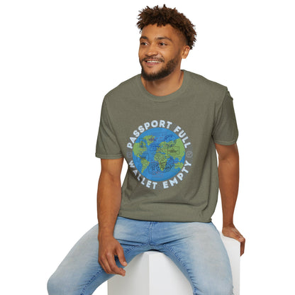 Travel Unisex T-Shirt — “Passport Full, Wallet Empty” with globe graphic, funny travel shirt.