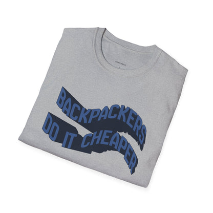 Wavy “Backpackers Do It Cheaper” Unisex Graphic T-Shirt — Adventure Travel Quote Tee.