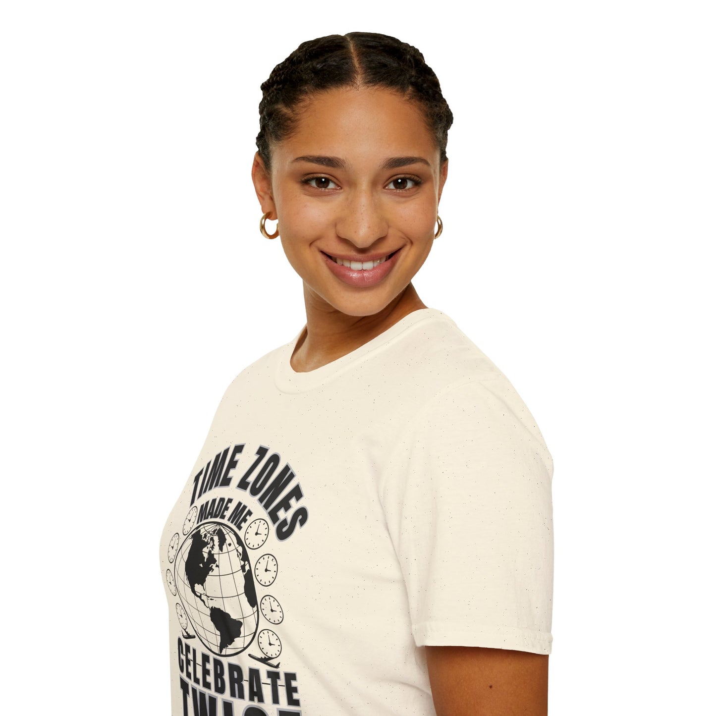 Globe Graphic Tee: “Time Zones Made Me Celebrate Twice”