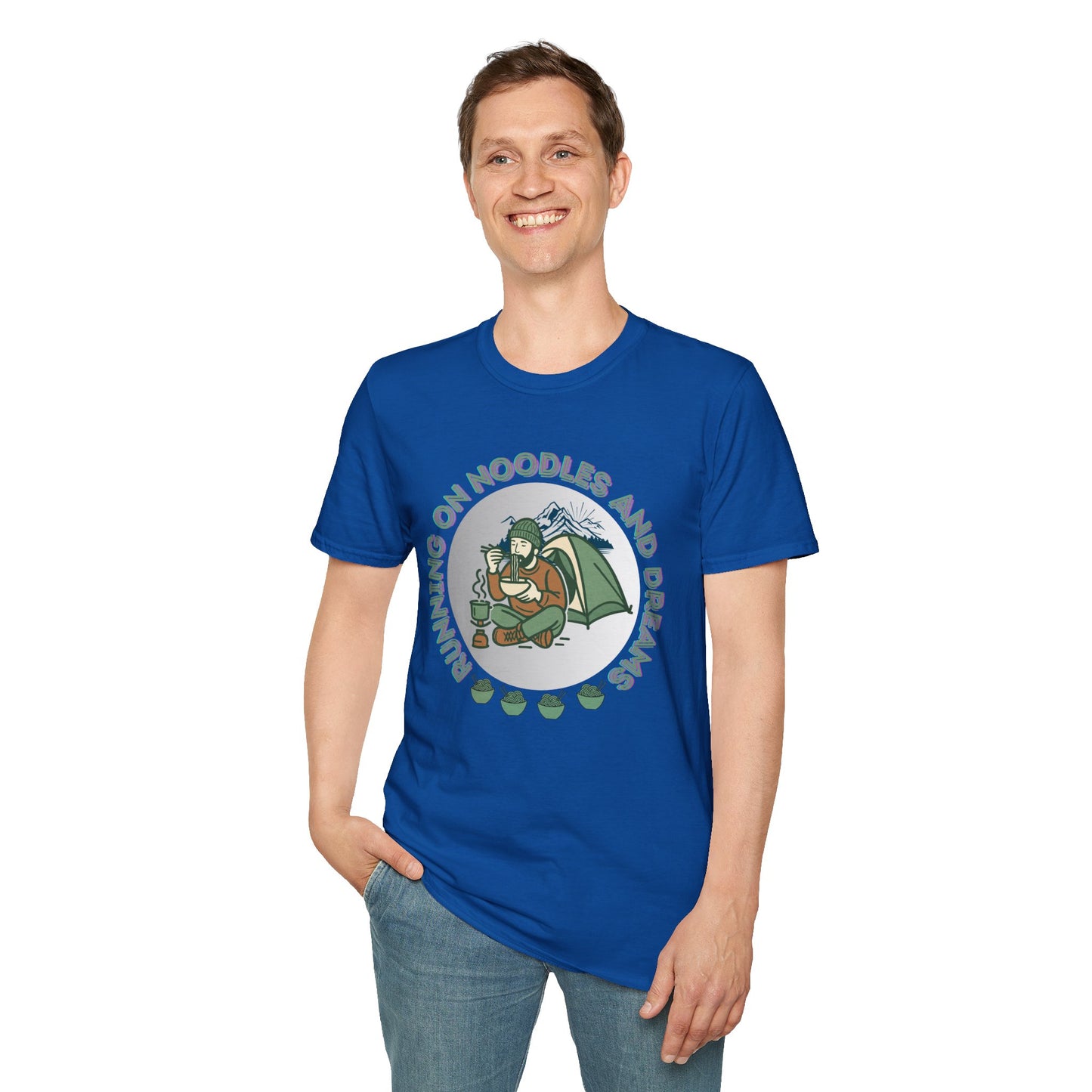 Camping Ramen Unisex T-Shirt — “Running on Noodles and Dreams” Outdoor Camping Shirt.