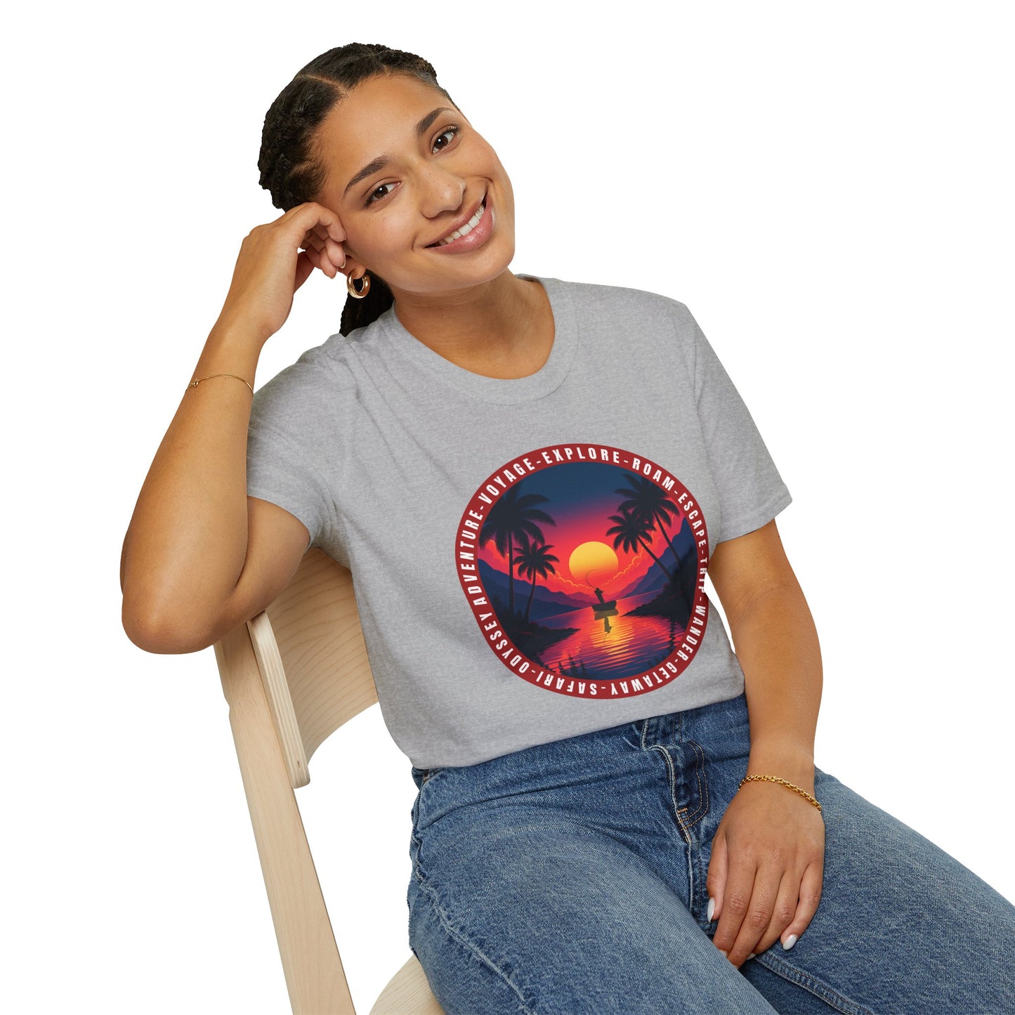 T-Shirt with Sunset Design, "Explore More" Softstyle Tee, Beach Vibes Shirt, Unisex Graphic Tee, Perfect Travel Gift