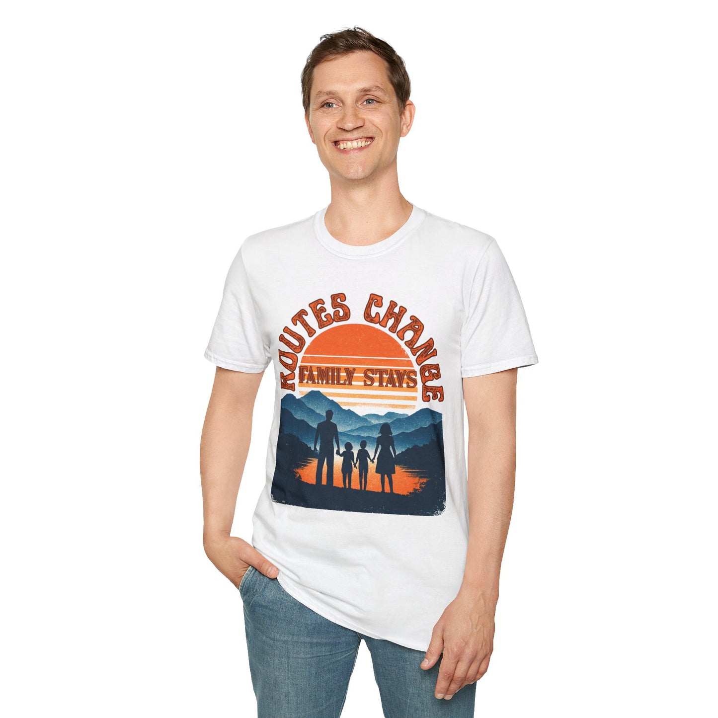Family Sunset Camping T-Shirt – "Routes Change, Family Stays" Outdoor Adventure Tee
