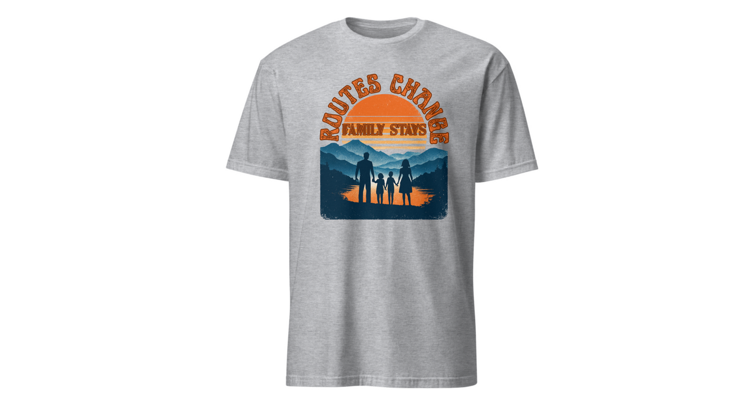 Family Sunset Camping T-Shirt – "Routes Change, Family Stays" Outdoor Adventure Tee