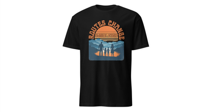 Family Sunset Camping T-Shirt – "Routes Change, Family Stays" Outdoor Adventure Tee