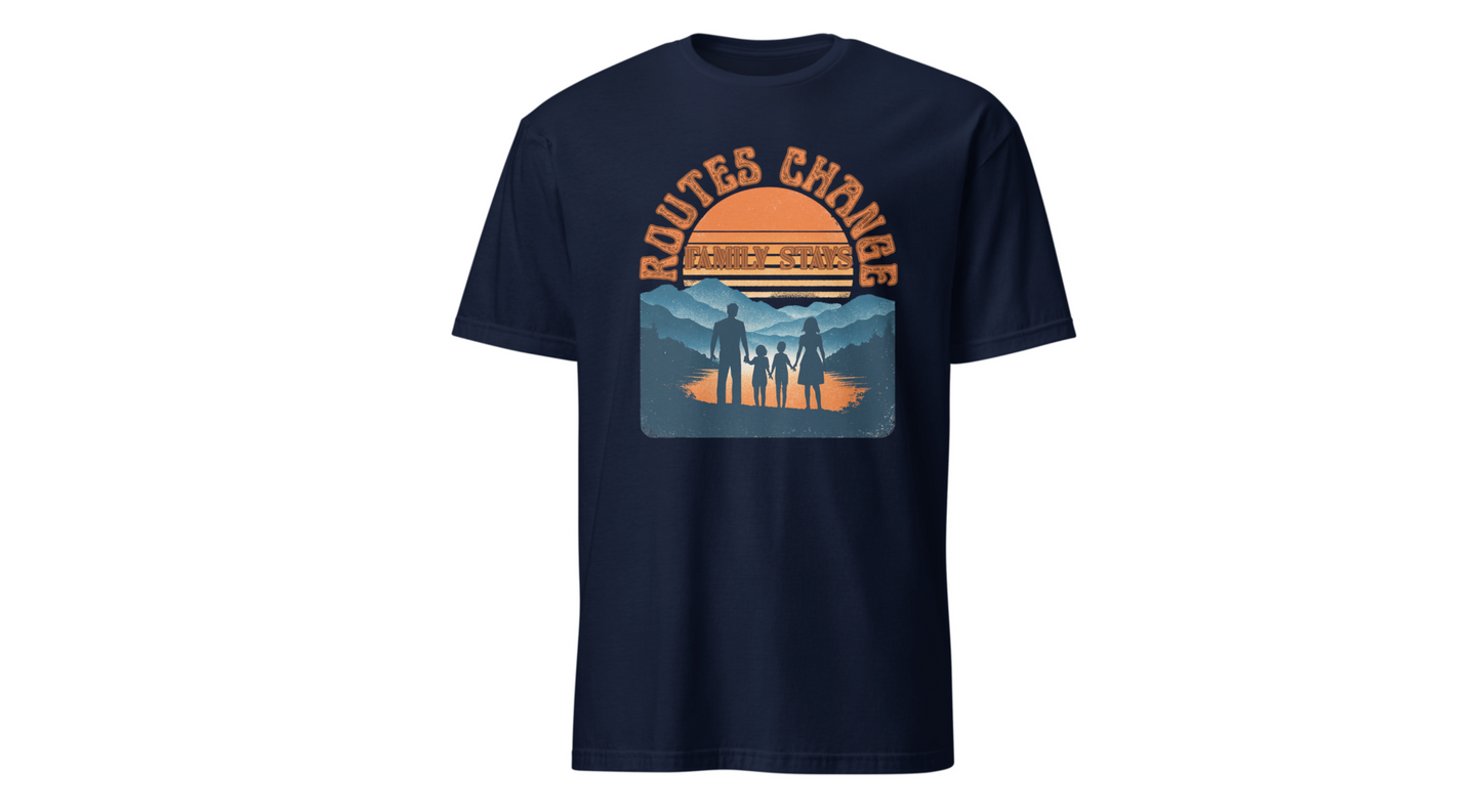 Family Sunset Camping T-Shirt – "Routes Change, Family Stays" Outdoor Adventure Tee