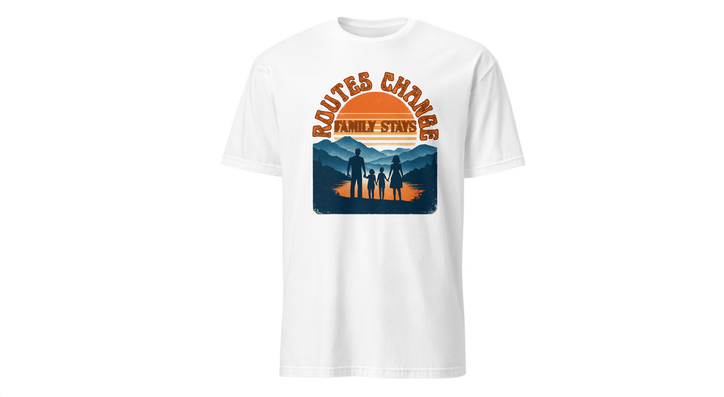 Family Sunset Camping T-Shirt – "Routes Change, Family Stays" Outdoor Adventure Tee