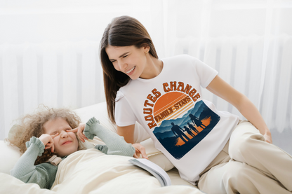 Family Sunset Camping T-Shirt – "Routes Change, Family Stays" Outdoor Adventure Tee
