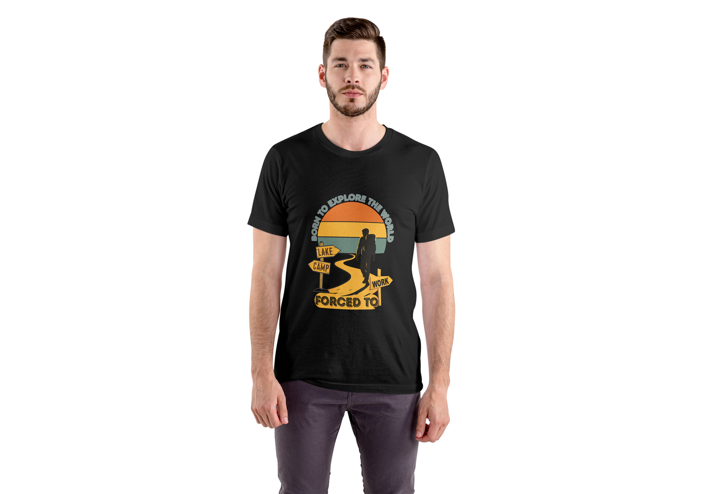 Adventure Unisex T-Shirt — “Born to Explore the World, Forced to Work” Retro Camping Tee