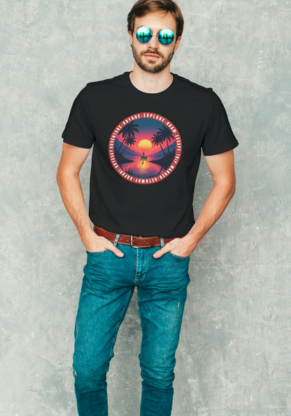 T-Shirt with Sunset Design, "Explore More" Softstyle Tee, Beach Vibes Shirt, Unisex Graphic Tee, Perfect Travel Gift