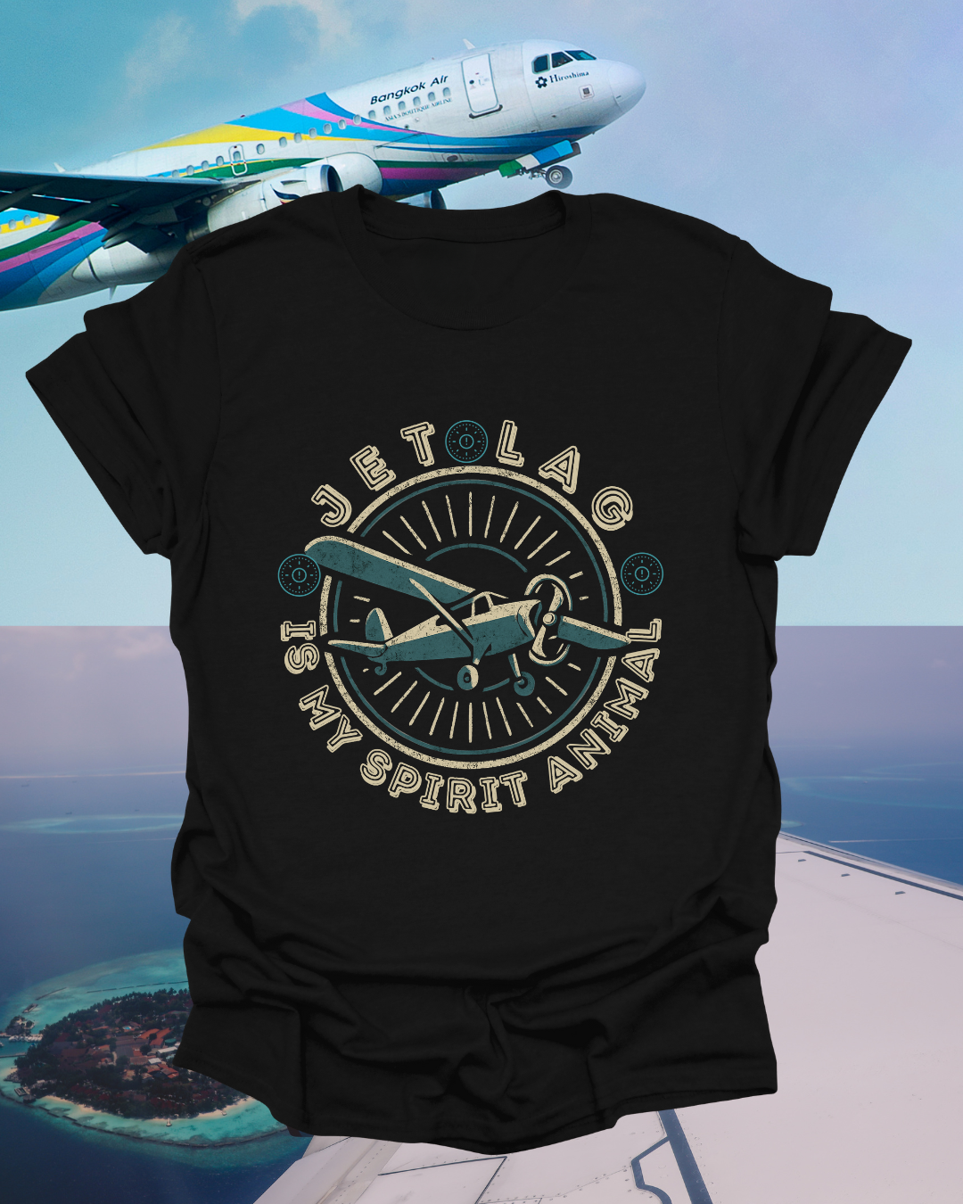 Vintage style unisex T-shirt about jet lag, featuring the phrase “Jet Lag is My Spirit Animal.”