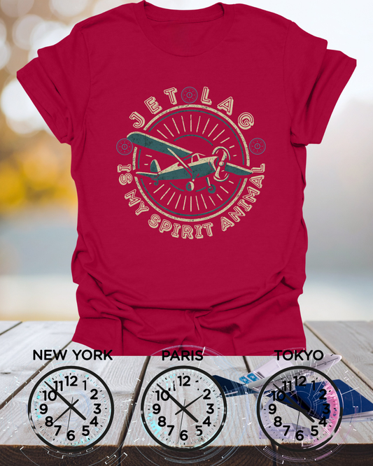 Vintage style unisex T-shirt about jet lag, featuring the phrase “Jet Lag is My Spirit Animal.”