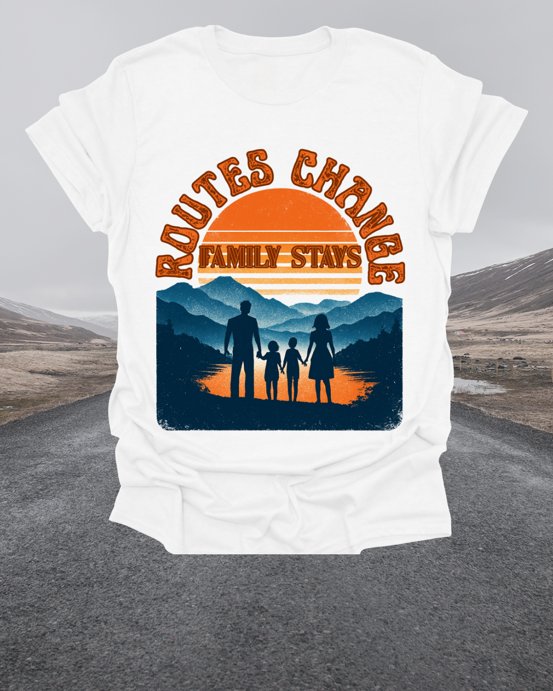 Family Sunset Camping T-Shirt – "Routes Change, Family Stays" Outdoor Adventure Tee