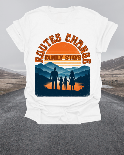 Family Sunset Camping T-Shirt – "Routes Change, Family Stays" Outdoor Adventure Tee