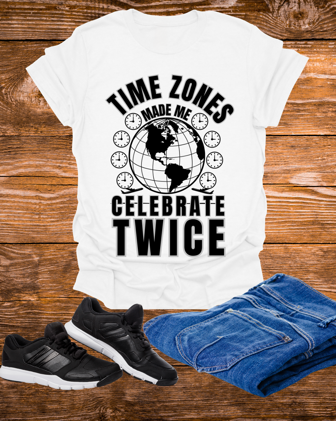 Globe Graphic Tee: “Time Zones Made Me Celebrate Twice”