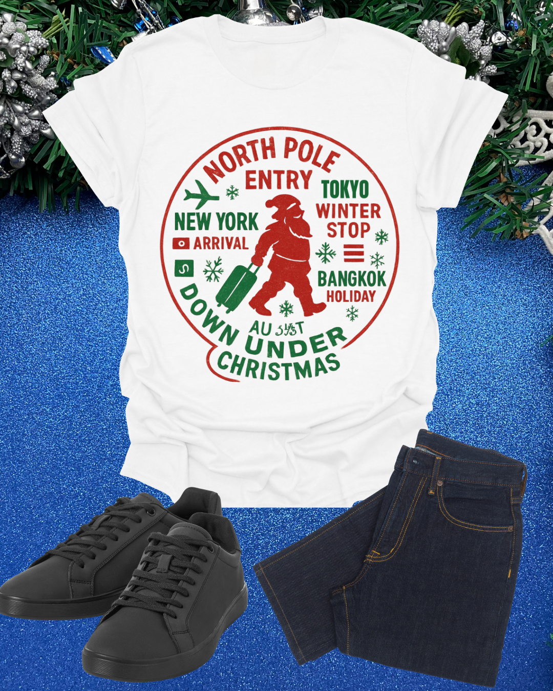 Christmas Travel Graphic T-Shirt — 'North Pole Down Under' Vintage Santa Design