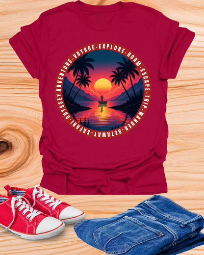 T-Shirt with Sunset Design, "Explore More" Softstyle Tee, Beach Vibes Shirt, Unisex Graphic Tee, Perfect Travel Gift