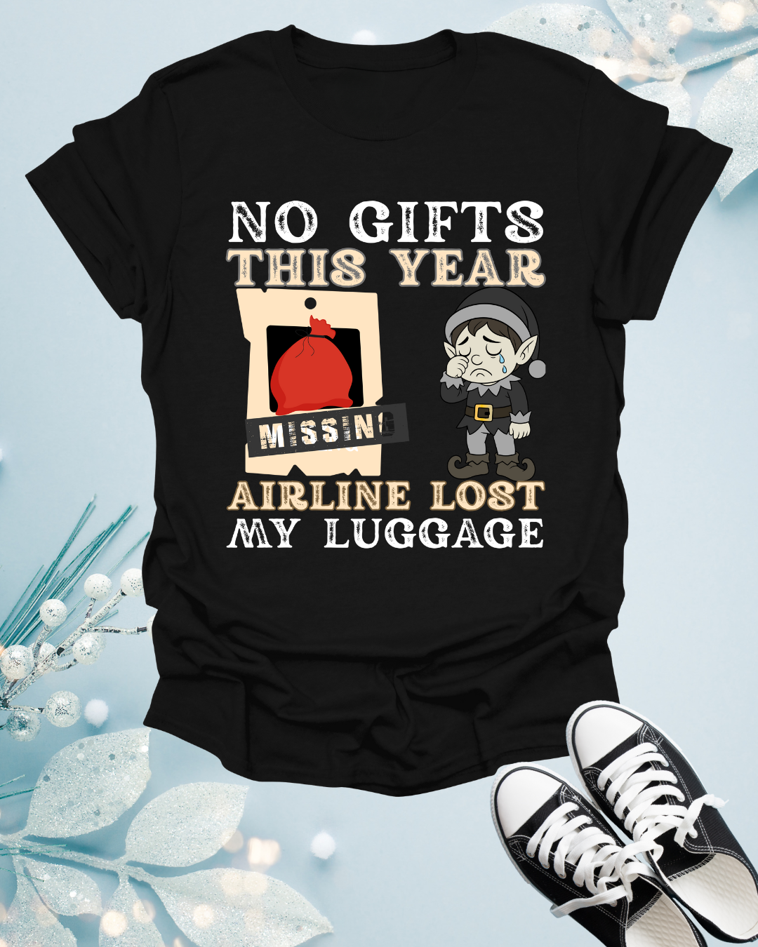 T-Shirt — "No Gifts This Year, Airline Lost My Luggage" Funny Holiday Travel Tee