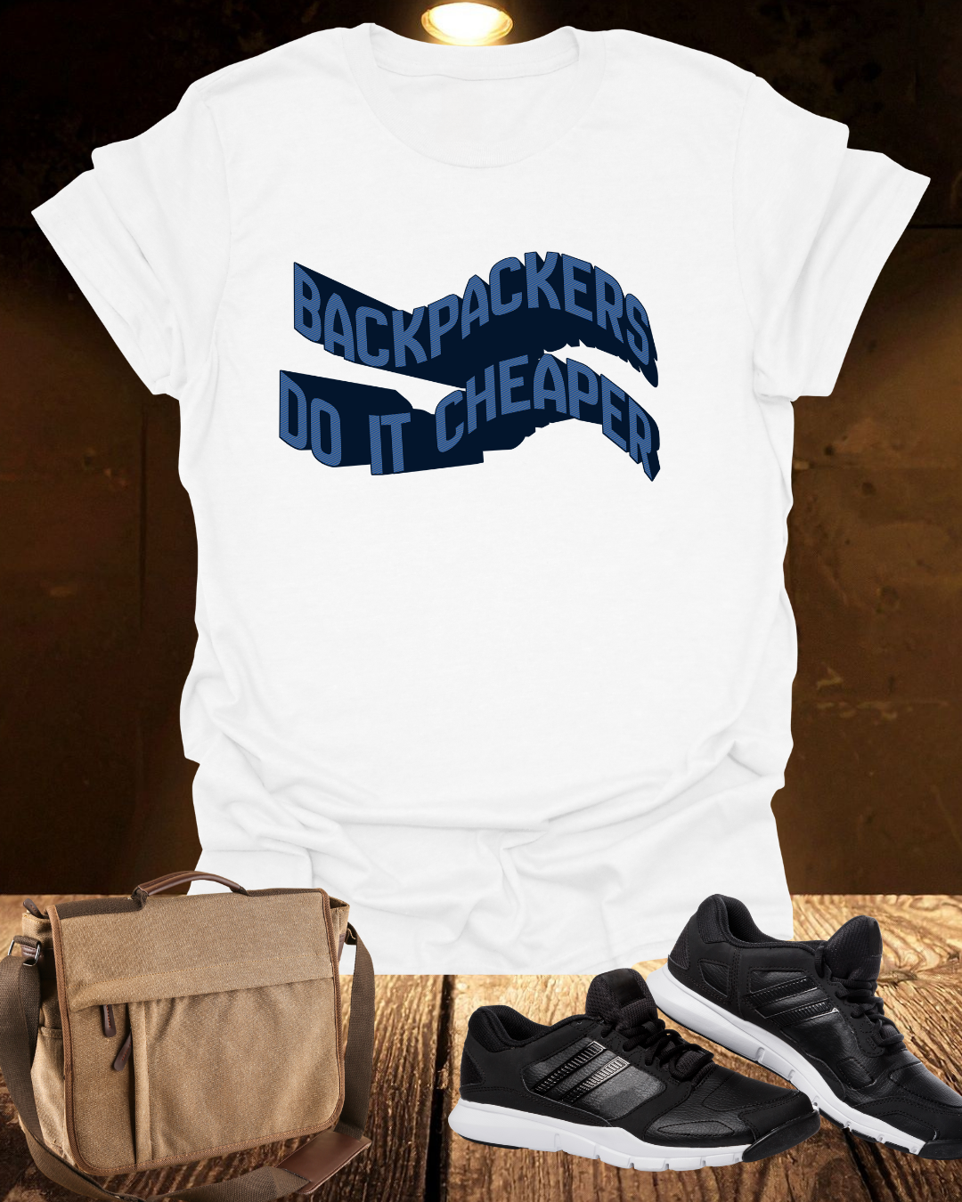 Wavy “Backpackers Do It Cheaper” Unisex Graphic T-Shirt — Adventure Travel Quote Tee.