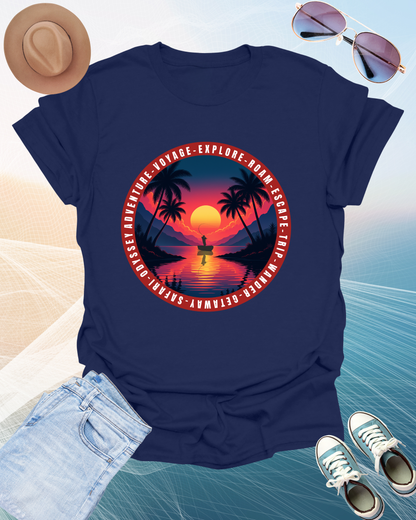 T-Shirt with Sunset Design, "Explore More" Softstyle Tee, Beach Vibes Shirt, Unisex Graphic Tee, Perfect Travel Gift