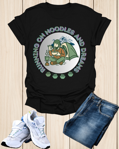 Camping Ramen Unisex T-Shirt — “Running on Noodles and Dreams” Outdoor Camping Shirt.
