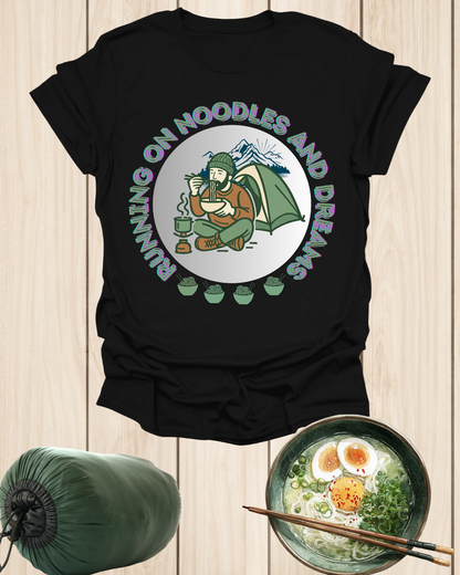 Camping Ramen Unisex T-Shirt — “Running on Noodles and Dreams” Outdoor Camping Shirt.