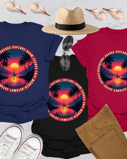T-Shirt with Sunset Design, "Explore More" Softstyle Tee, Beach Vibes Shirt, Unisex Graphic Tee, Perfect Travel Gift