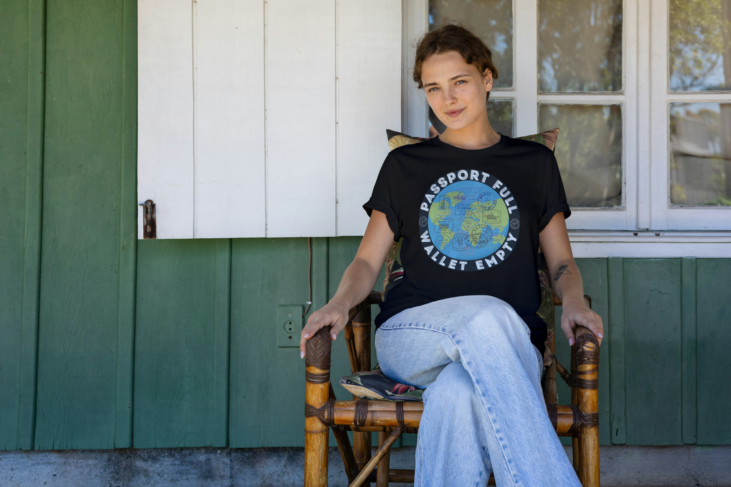 Travel Unisex T-Shirt — “Passport Full, Wallet Empty” with globe graphic, funny travel shirt.