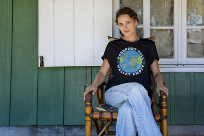 Travel Unisex T-Shirt — “Passport Full, Wallet Empty” with globe graphic, funny travel shirt.