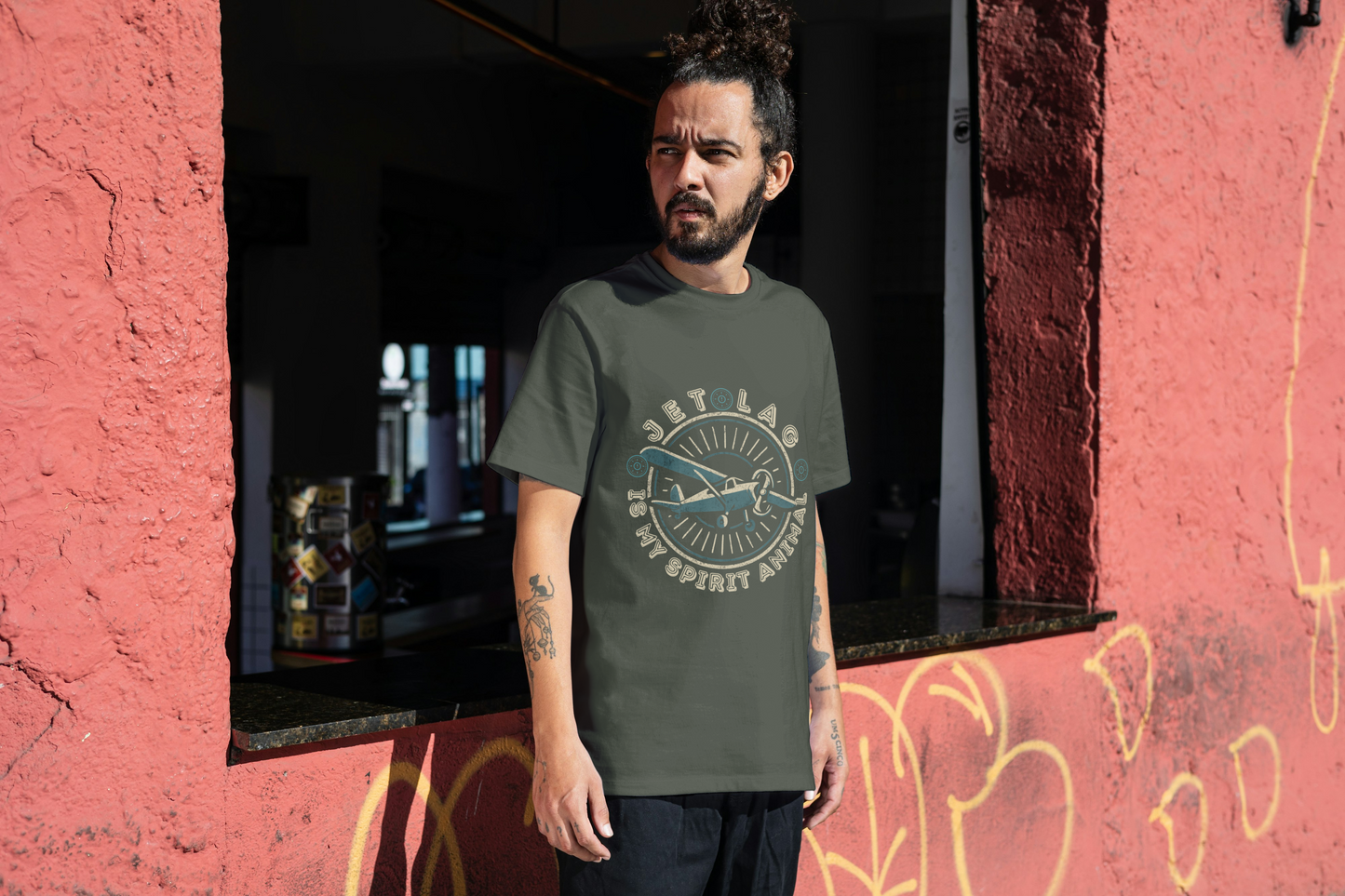 Vintage style unisex T-shirt about jet lag, featuring the phrase “Jet Lag is My Spirit Animal.”